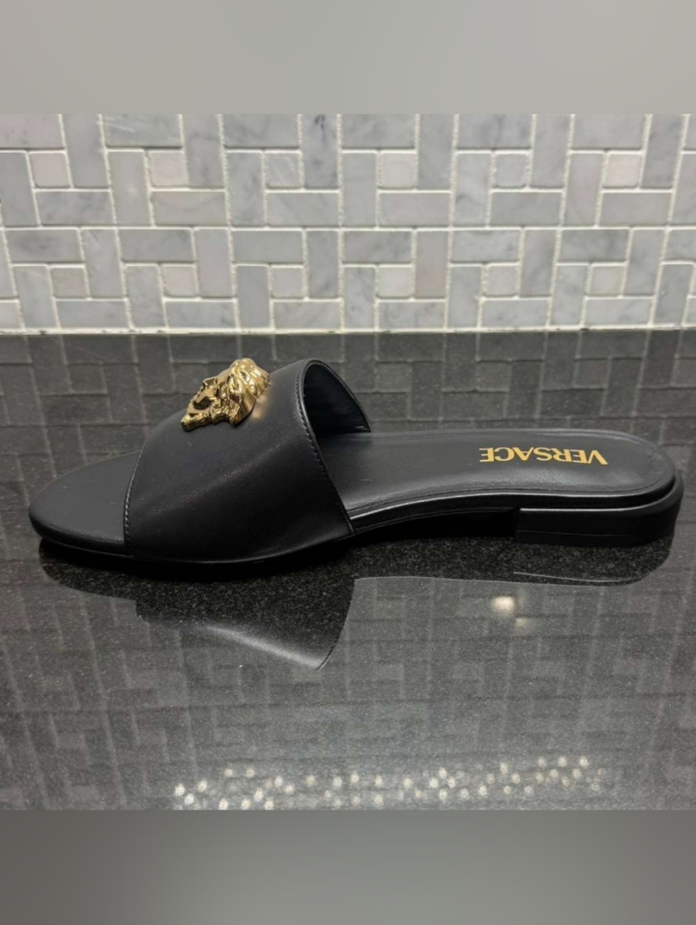 Versace Medusa Slide Sandals Black Leather Gold Logo Womens EU 38 US 8 New - Picture 6 of 13